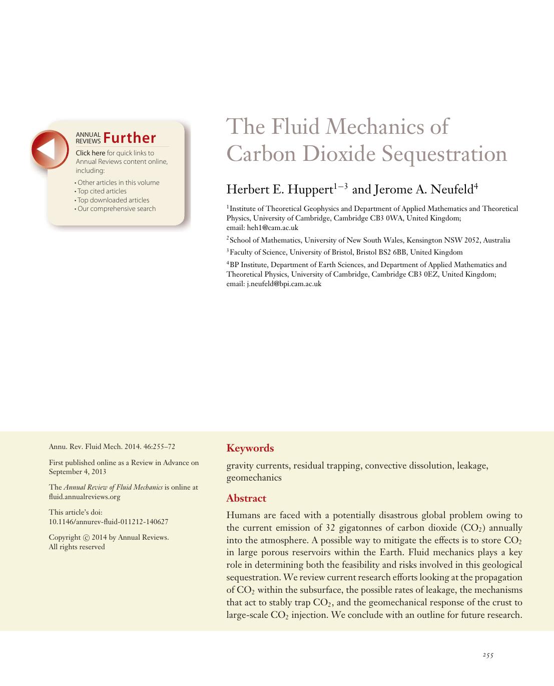 The Fluid Mechanics of Carbon Dioxide Sequestration by Herbert E. Huppert and Jerome A. Neufeld