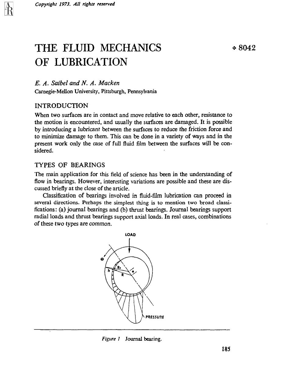 The Fluid Mechanics of Lubrication by E A Saibel & N A Macken