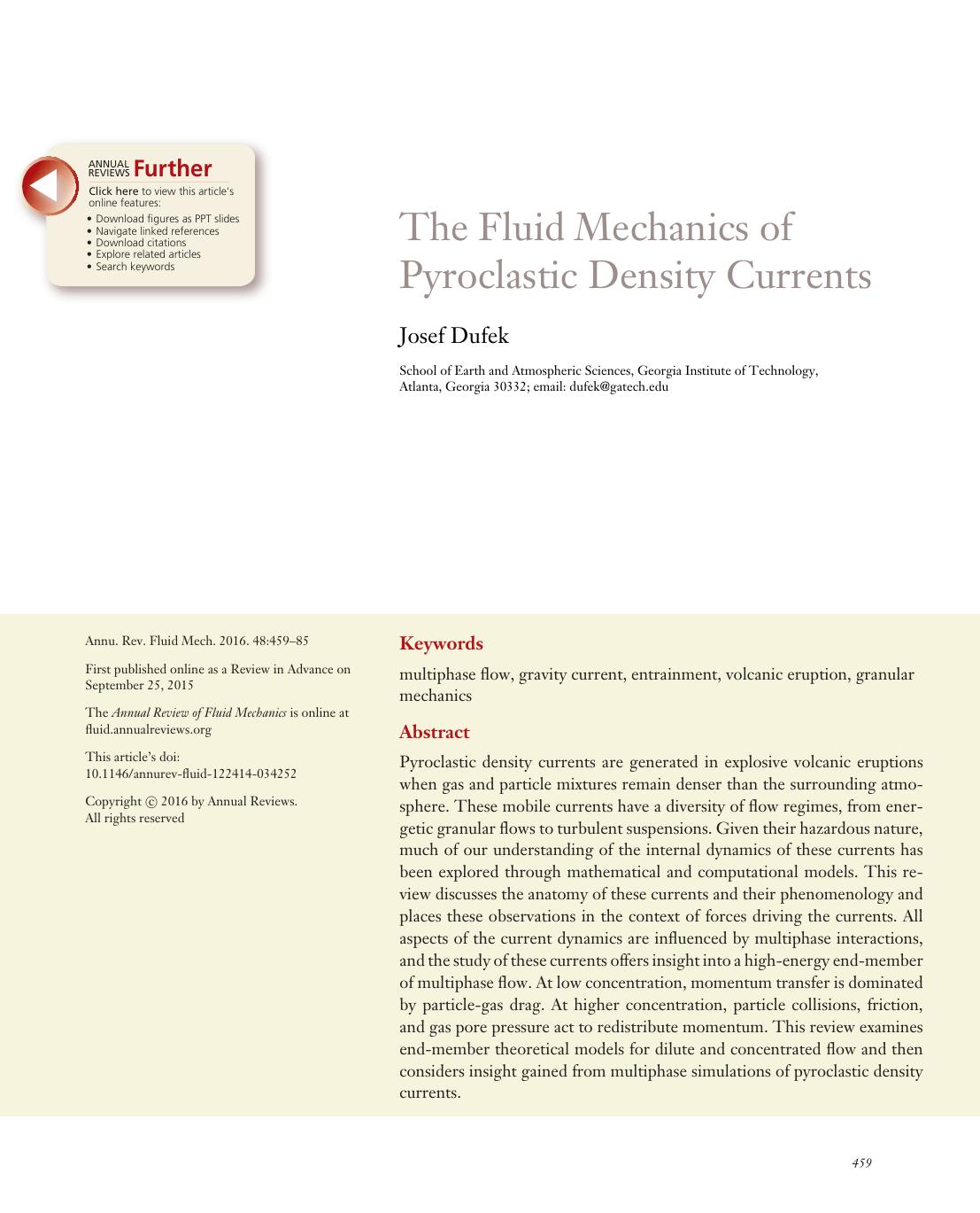 The Fluid Mechanics of Pyroclastic Density Currents by Josef Dufek