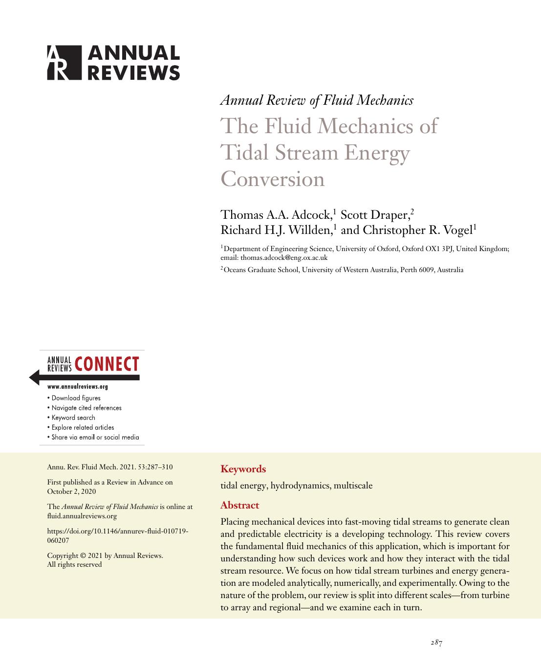 The Fluid Mechanics of Tidal Stream Energy Conversion by Thomas A.A. Adcock Scott Draper Richard H.J. Willden Christopher R. Vogel