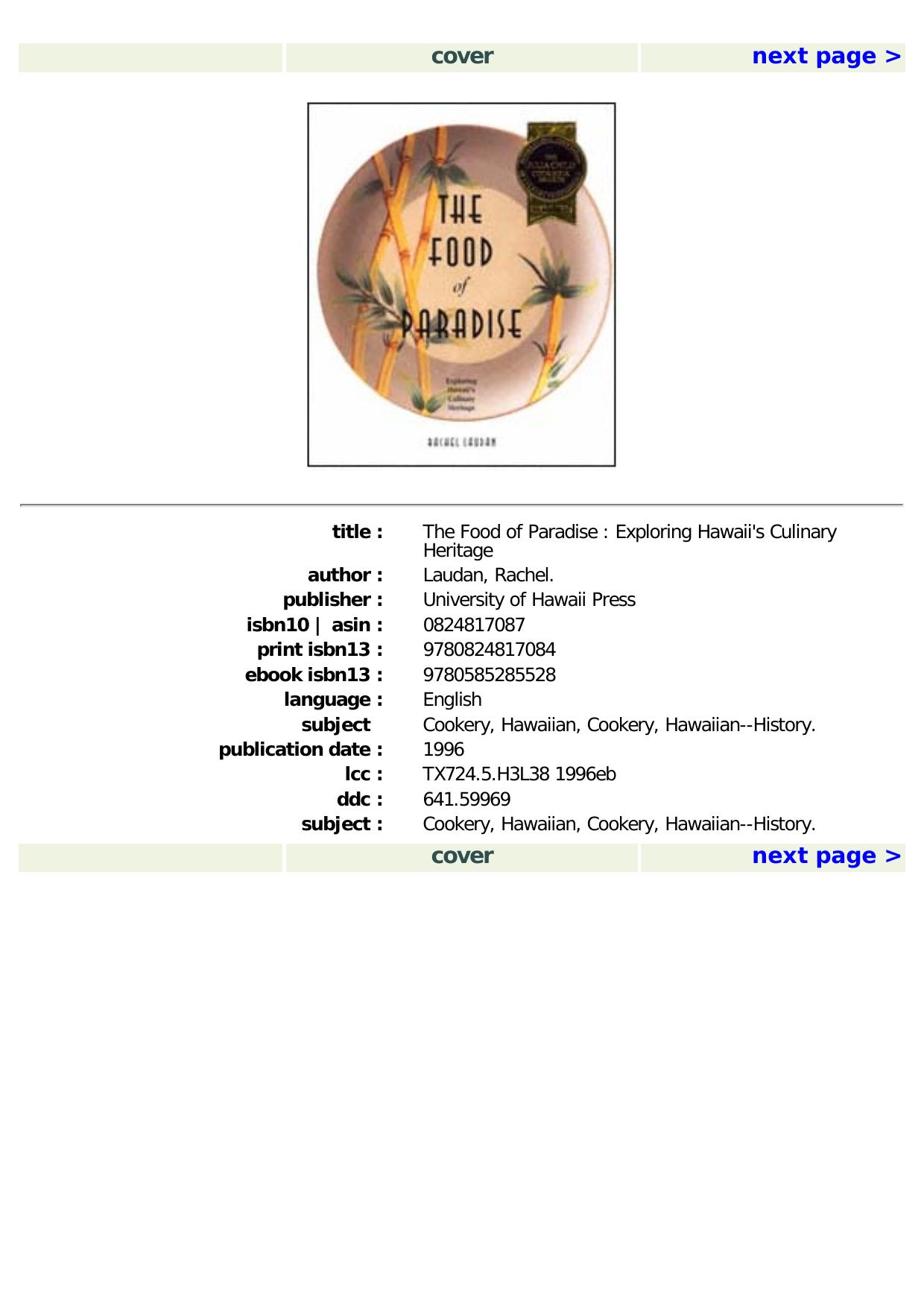 The Food of Paradise: Exploring Hawaii's Culinary Heritage by Rachel Laudan