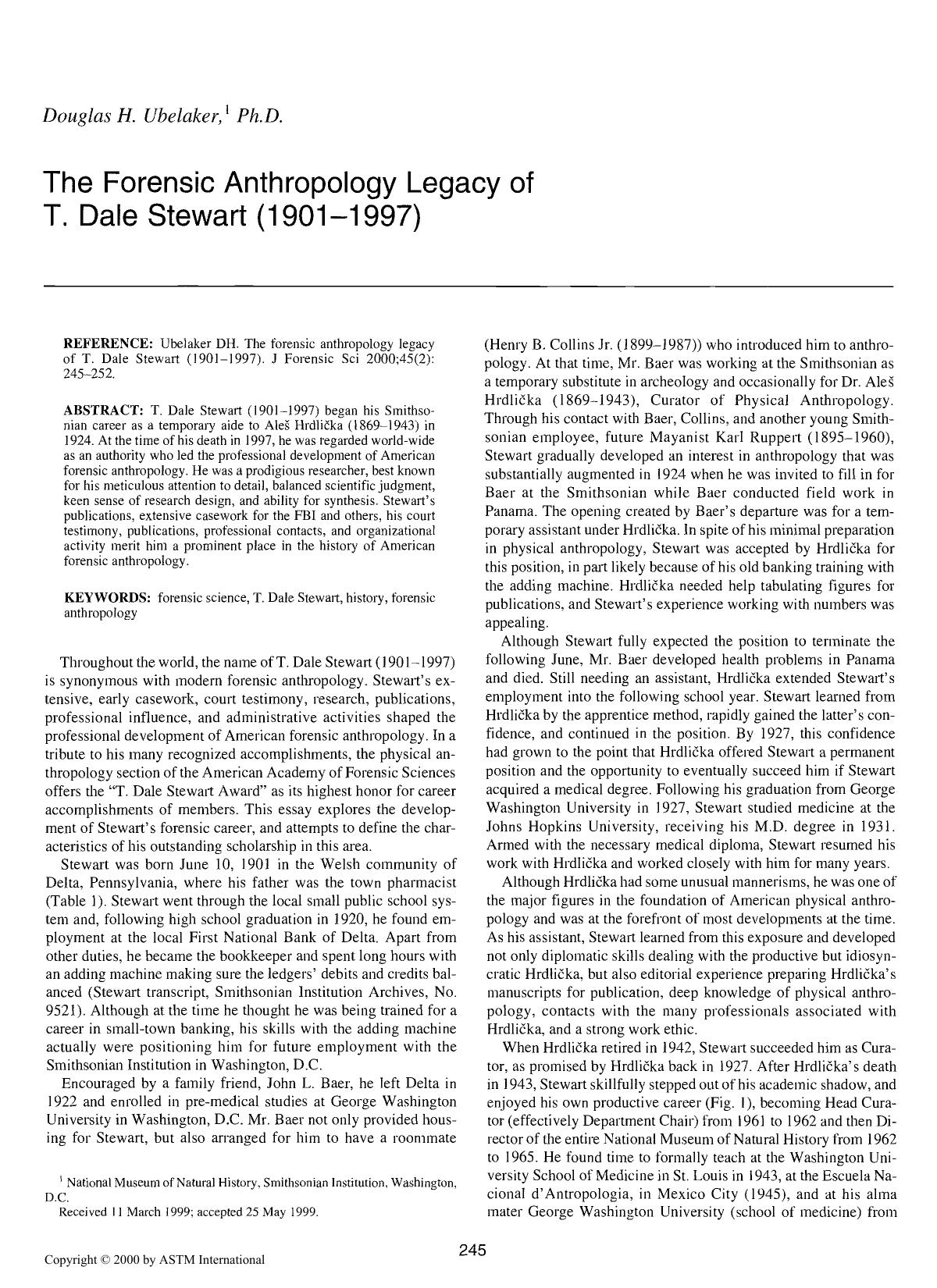 The Forensic Anthropology Legacy of T. Dale Stewart (1901-1997) by Ubelaker DH