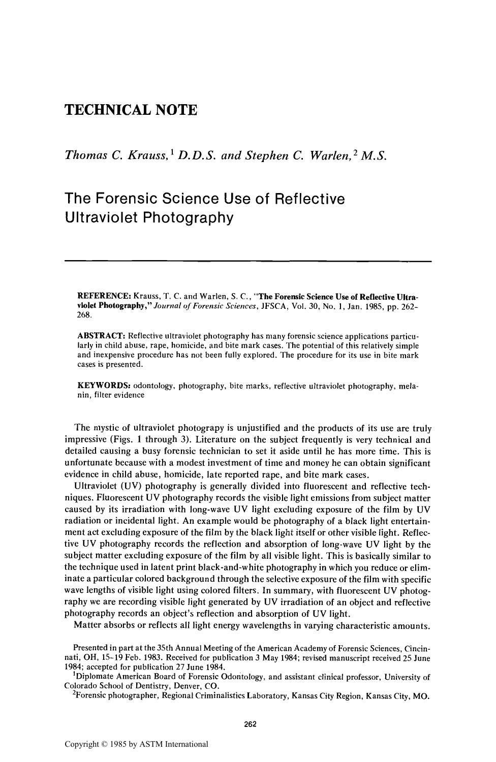 The Forensic Science Use of Reflective Ultraviolet Photography by Krauss TC Warlen SC