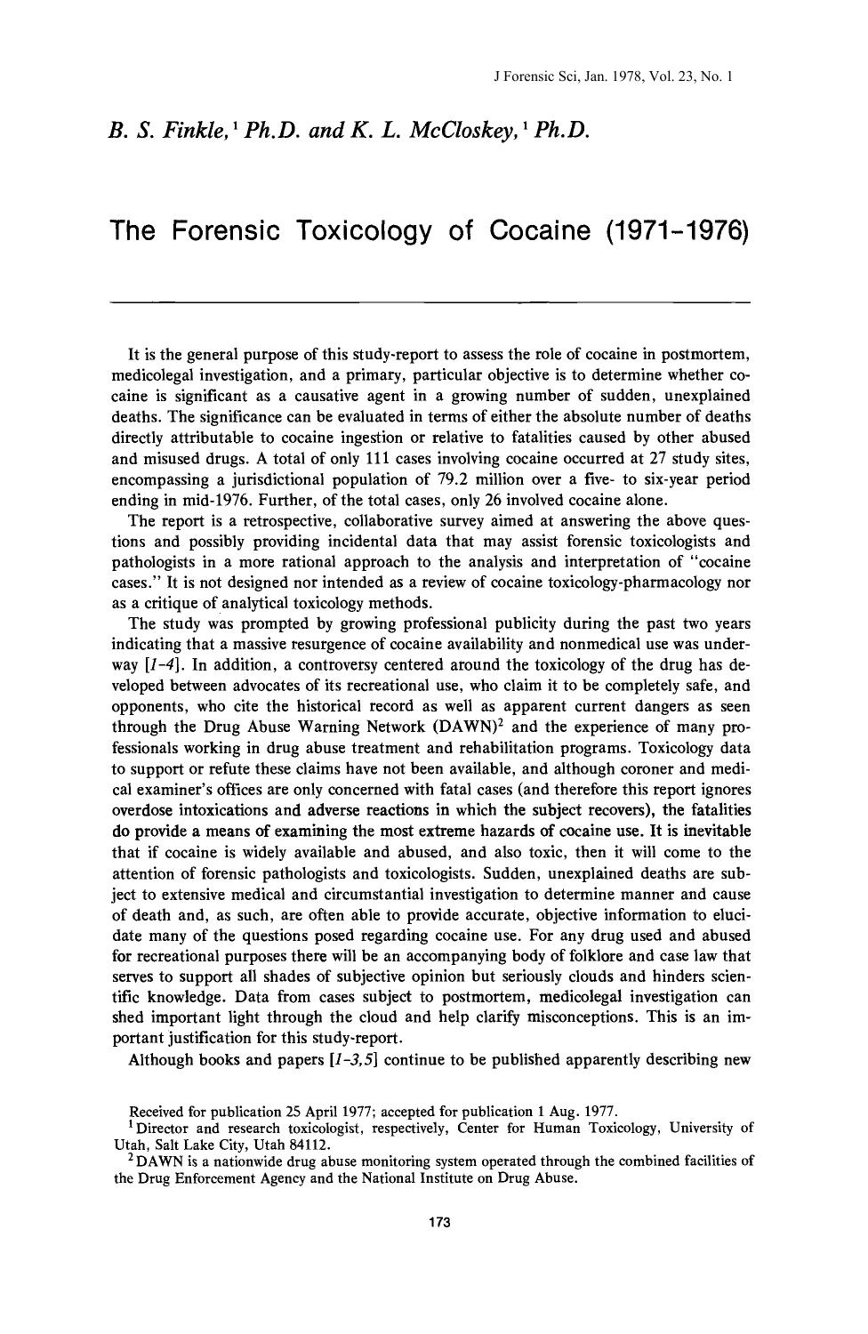 The Forensic Toxicology of Cocaine (1971-1976) by Finkle BS McCloskey KL