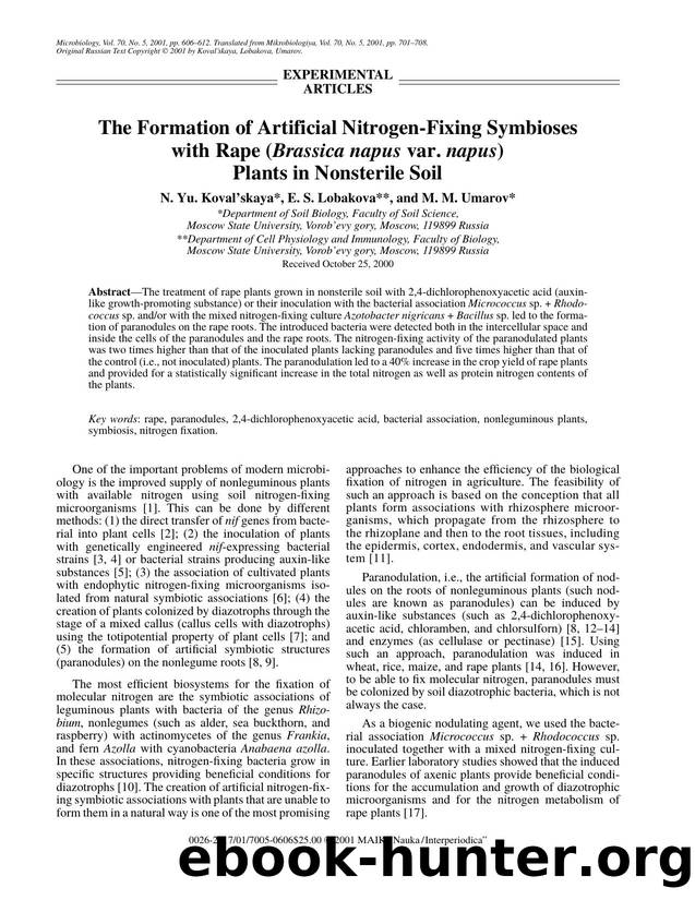 The Formation of Artificial Nitrogen-Fixing Symbioses with Rape (Brassica napusvar. napus) Plants in Nonsterile Soil by Unknown