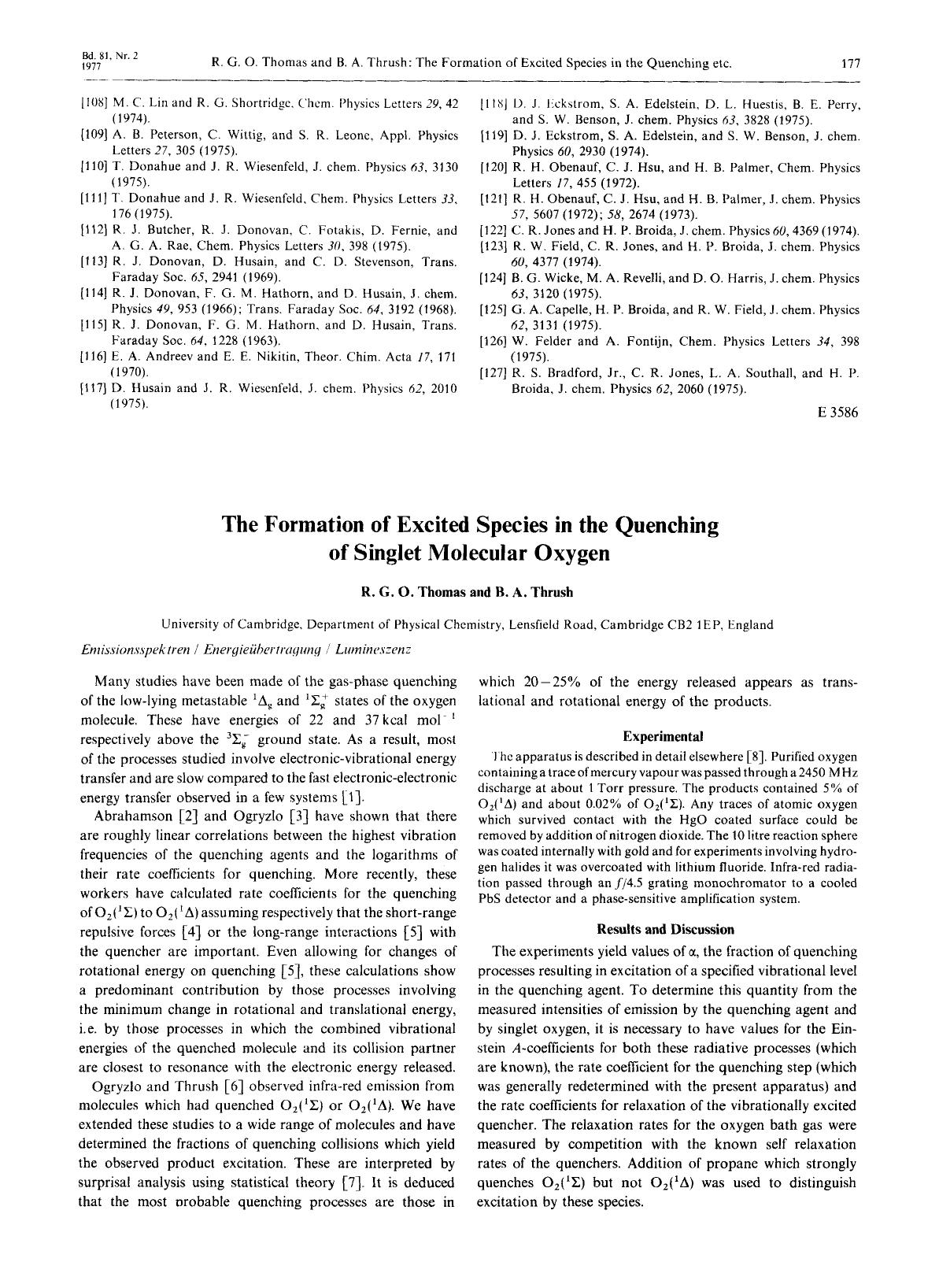 The Formation of Excited Species in the Quenching of Singlet Molecular Oxygen by Unknown