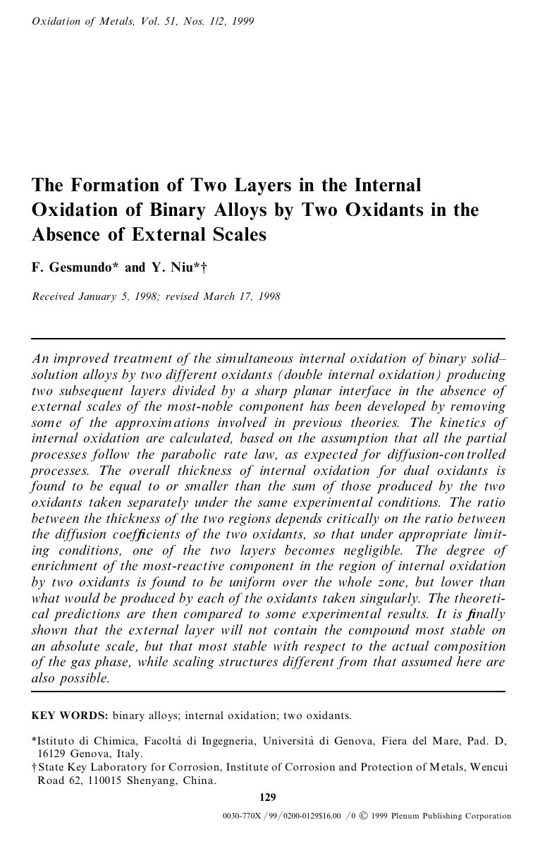 The Formation of Two Layers in the Internal Oxidation of Binary Alloys by Two Oxidants in the Absence of External Scales by Unknown