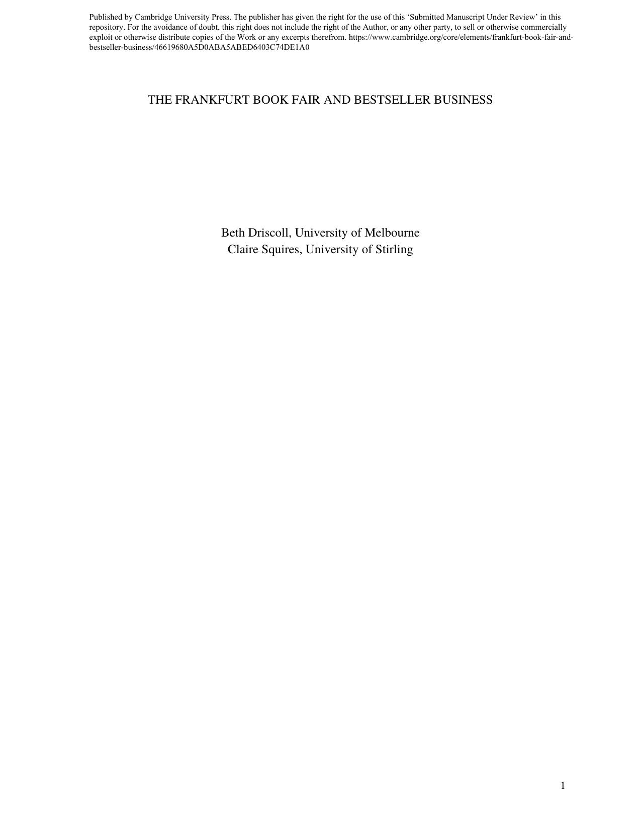 The Frankfurt Book Fair and Bestseller Business by Beth Driscoll; Claire Squires