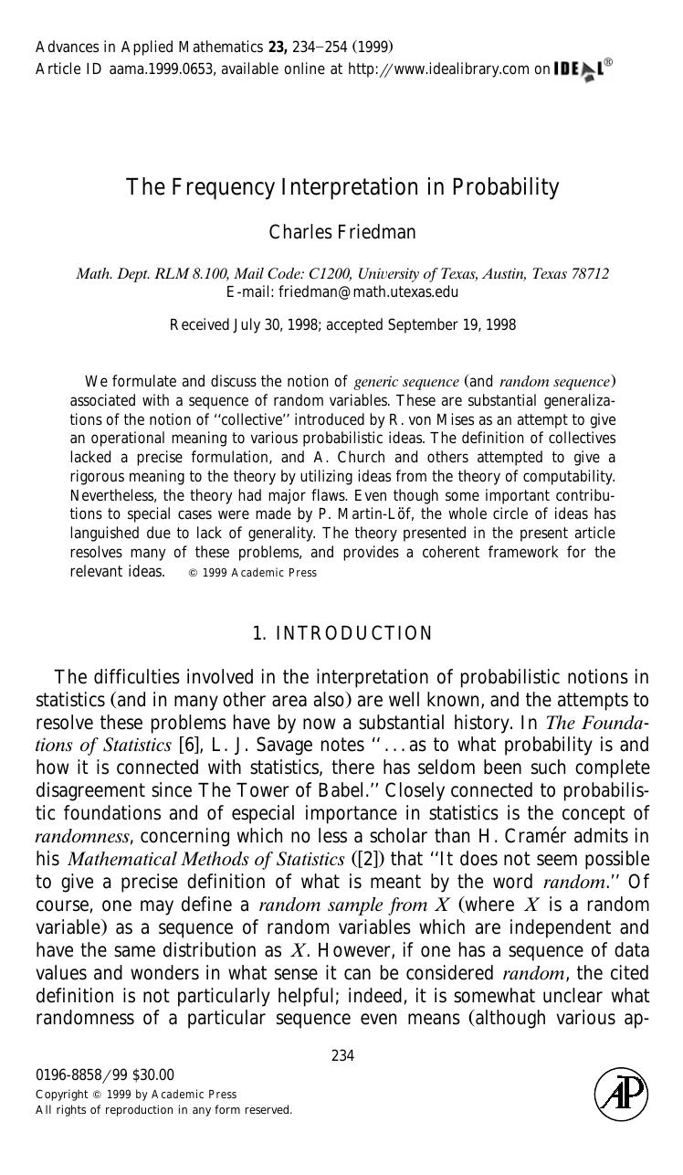 The Frequency Interpretation in Probability by Friedman C