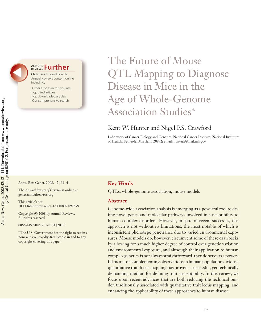 The Future of Mouse QTL Mapping to Diagnose Disease in Mice in the Age of Whole-Genome Association Studies* by Kent W. Hunter & Nigel P.S. Crawford