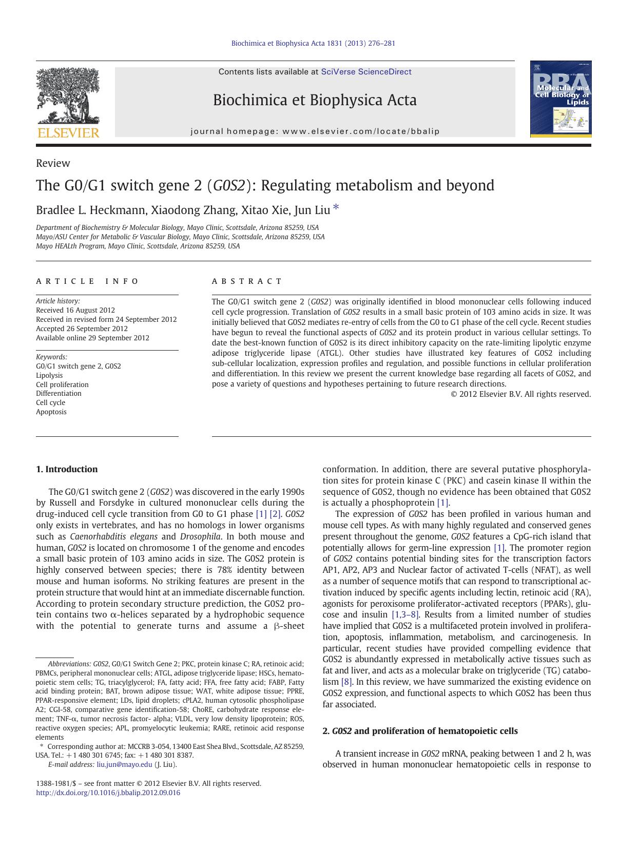 The G0G1 switch gene 2 (G0S2): Regulating metabolism and beyond by Bradlee L. Heckmann & Xiaodong Zhang & Xitao Xie & Jun Liu