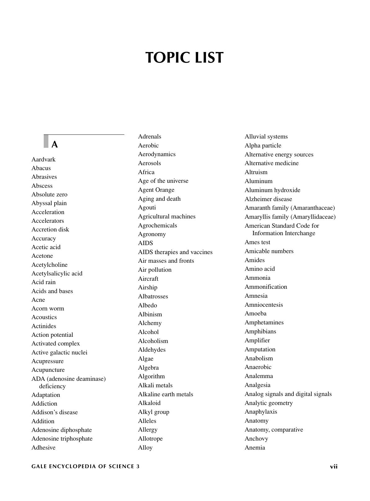 The GALE Encyclopedia of Science, 3d edition, Topic List by Unknown