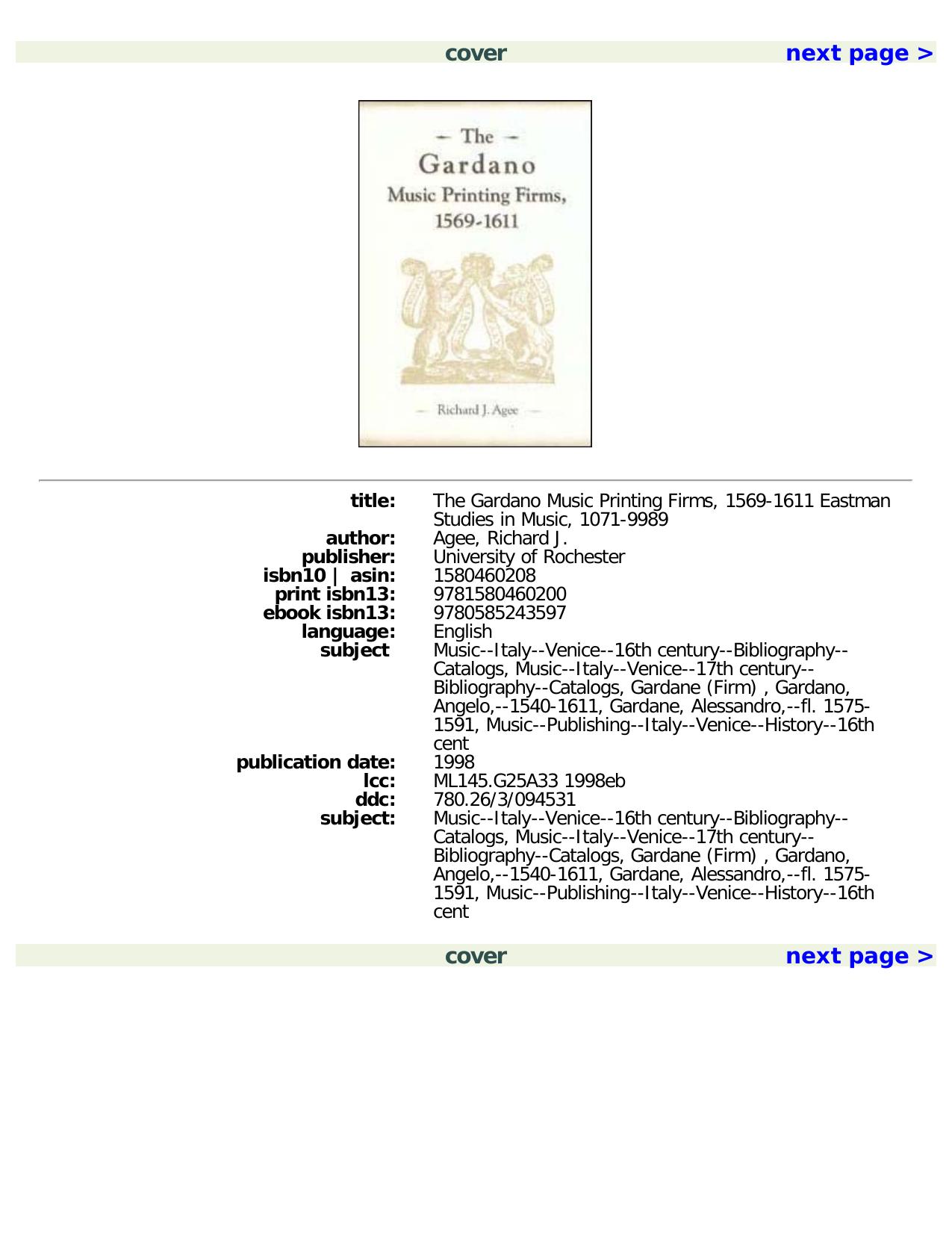 The Gardano Music Printing Firms, 1569-1611 (Eastman Studies in Music) by Richard J. Agee