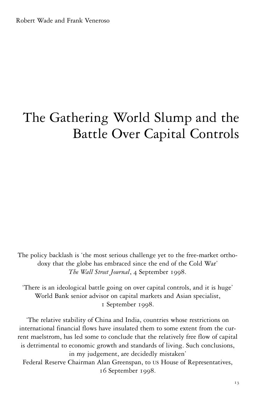 The Gathering World Slump and the Battle Over Capital Controls by Robert Wade & Frank Veneroso