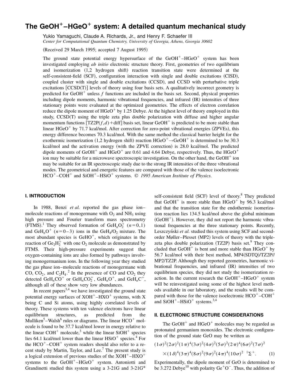 The GeOH 1 -HGeO 1 system: A detailed quantum mechanical study by Yukio Yamaguchi & Claude A. Richards & Jr. & and Henry F. Schaefer III