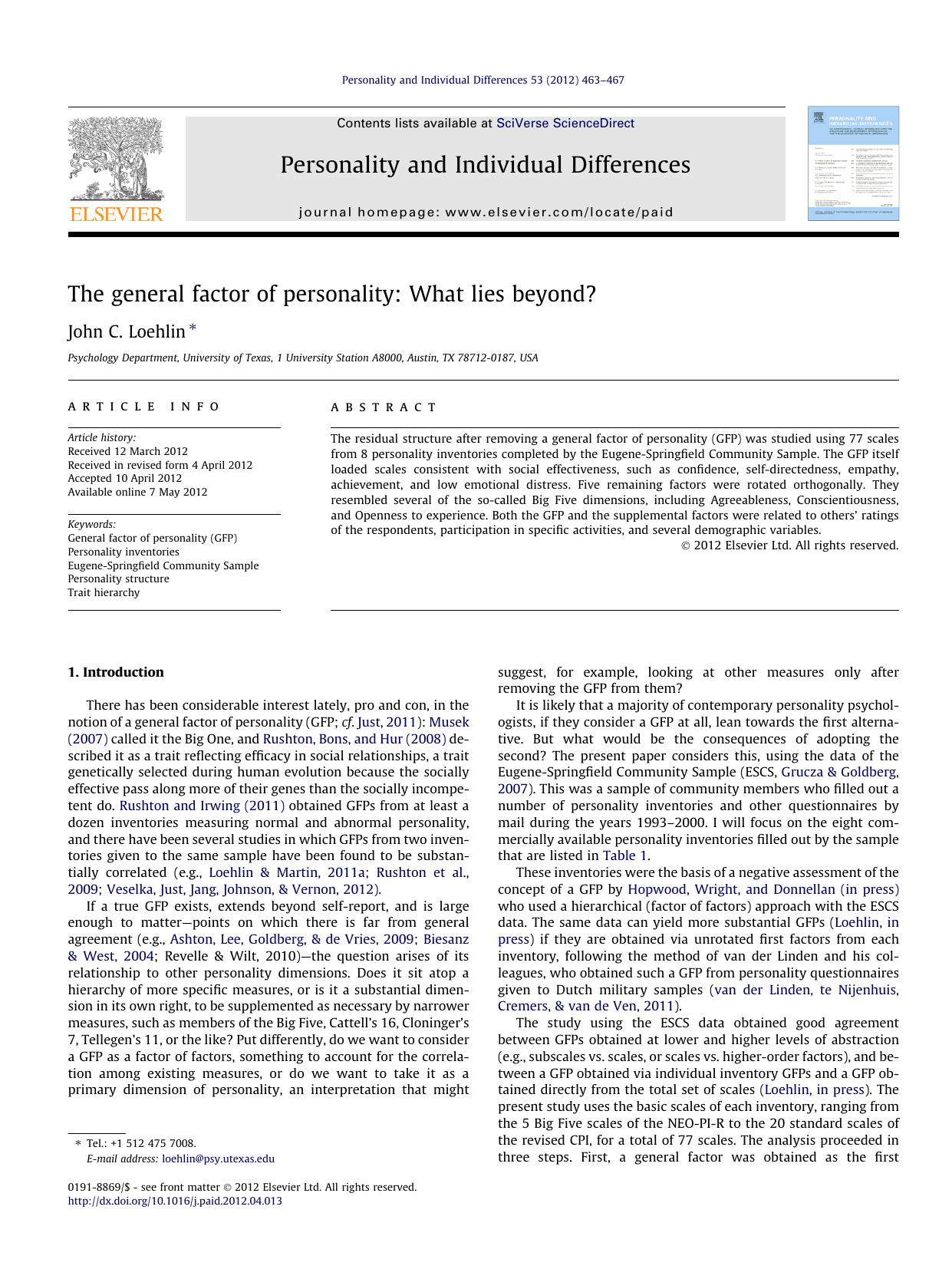 The General Factor of Personality by What Lies Beyond — I & II (2012) by John Clinton Loehlin