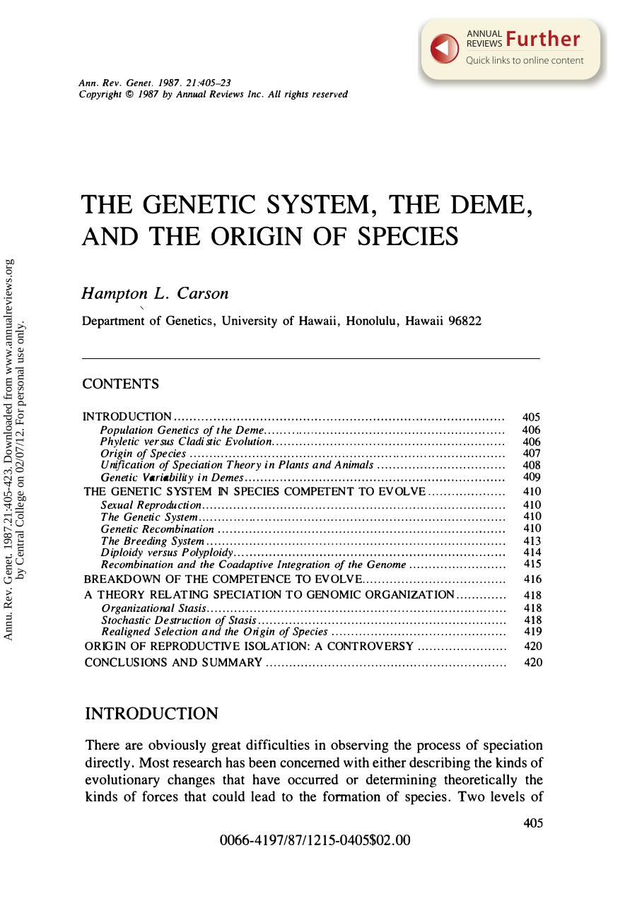 The Genetic System, The DEME, and the Origin of Species by H L Carson