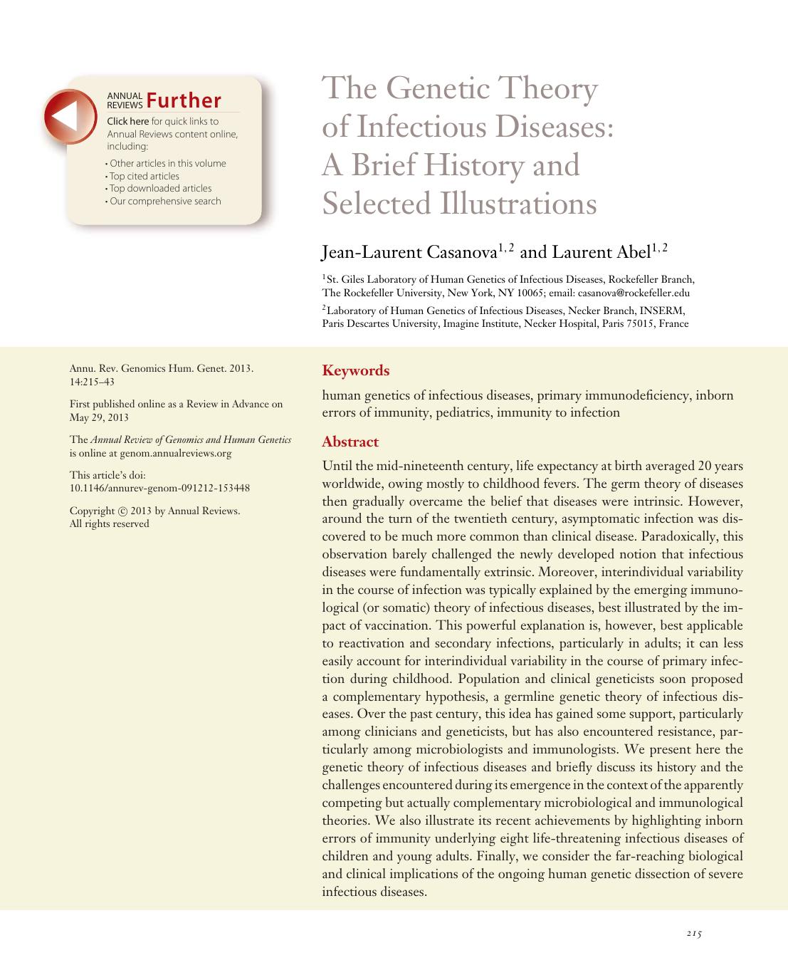 The Genetic Theory of Infectious Diseases: A Brief History and Selected Illustrations by Jean-Laurent Casanova and Laurent Abel