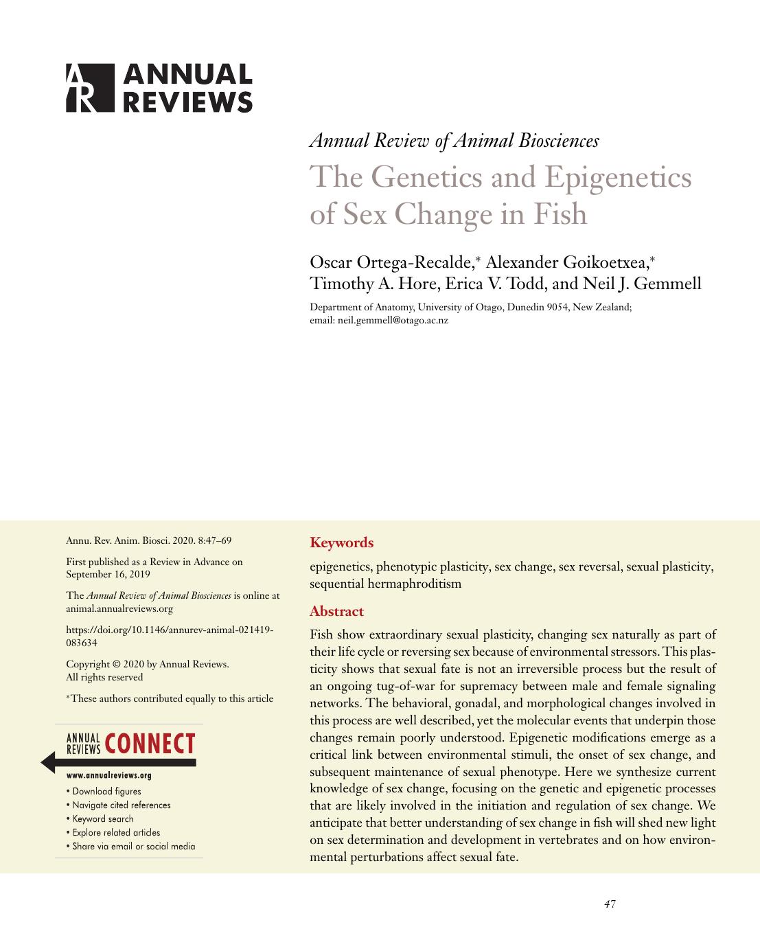 The Genetics and Epigenetics of Sex Change in Fish by Oscar Ortega-Recalde Alexander Goikoetxea Timothy A. Hore Erica V. Todd and Neil J. Gemmell