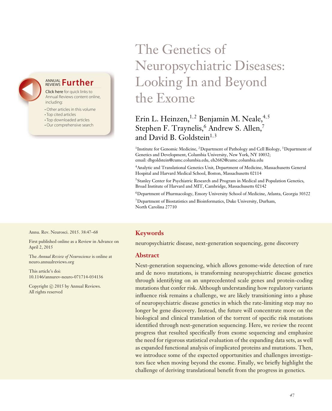 The Genetics of Neuropsychiatric Diseases: Looking In and Beyond the Exome by Erin L. Heinzen Benjamin M. Neale Stephen F. Traynelis Andrew S. Allen David B. Goldstein