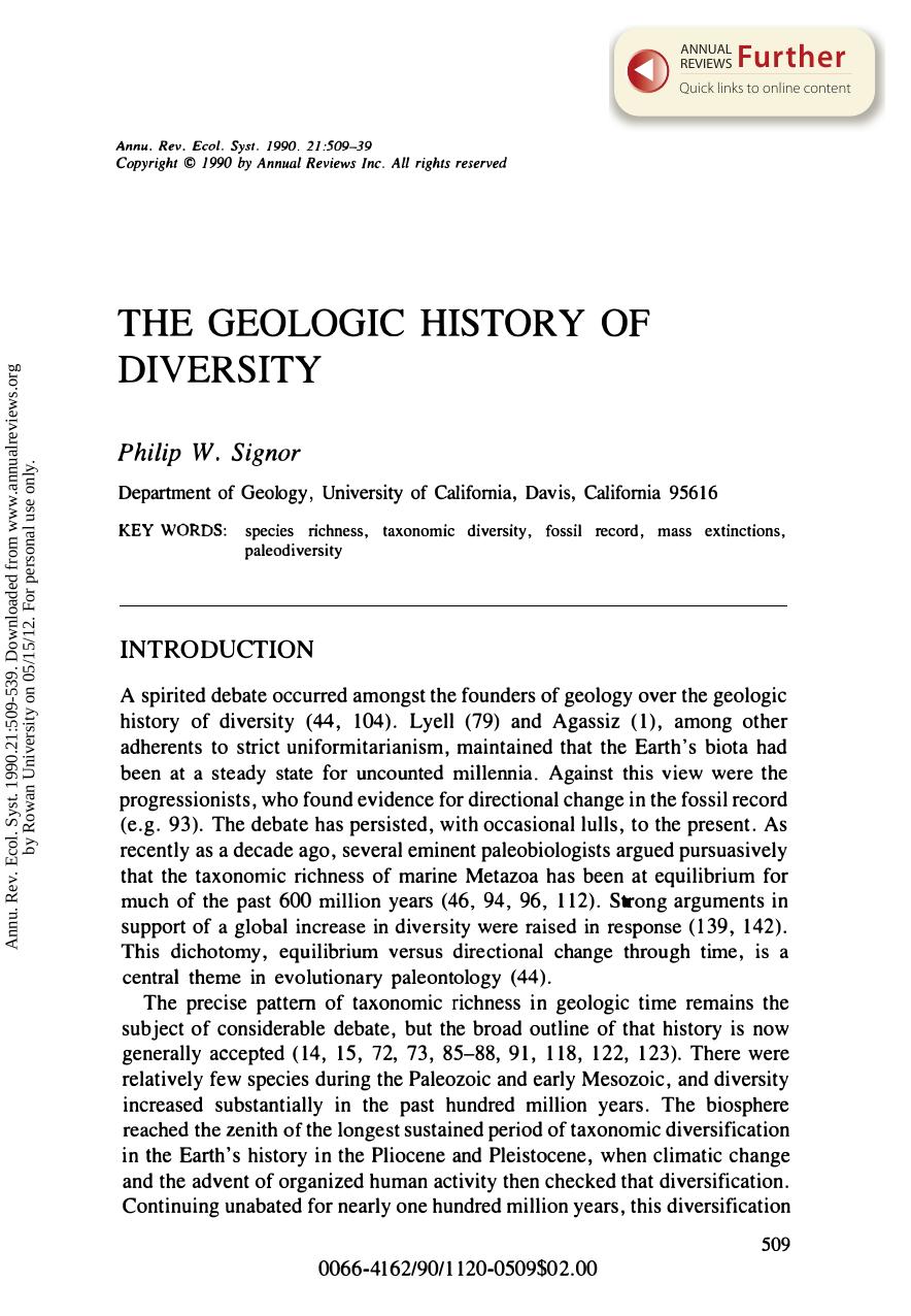 The Geologic History of Diversity by P W Signor
