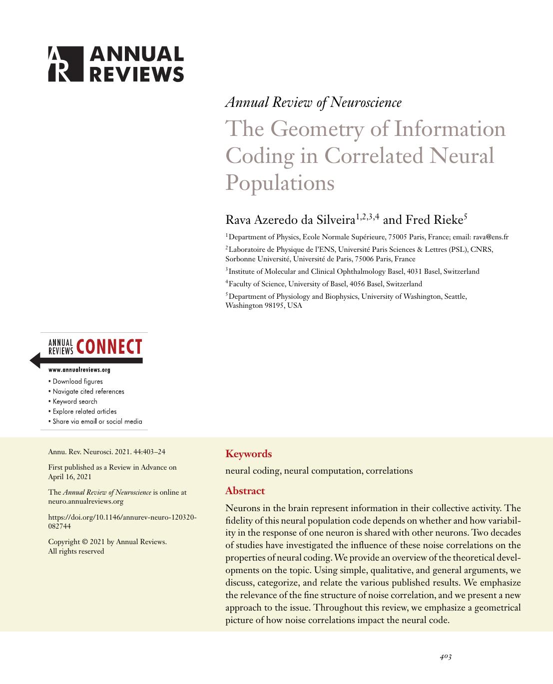 The Geometry of Information Coding in Correlated Neural Populations by Rava Azeredo da Silveira and Fred Rieke