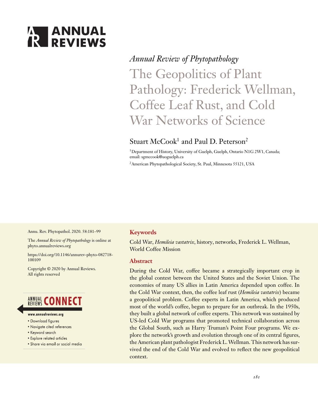 The Geopolitics of Plant Pathology: Frederick Wellman, Coffee Leaf Rust, and Cold War Networks of Science by Stuart McCook and Paul D. Peterson