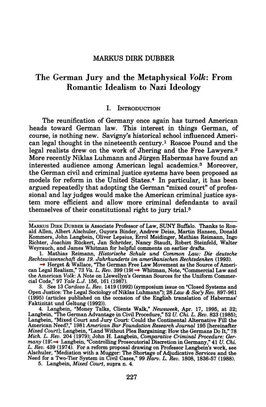 The German Jury and the Metaphysical Volk; From Romantic Idealism to Nazi Ideology by Unknown
