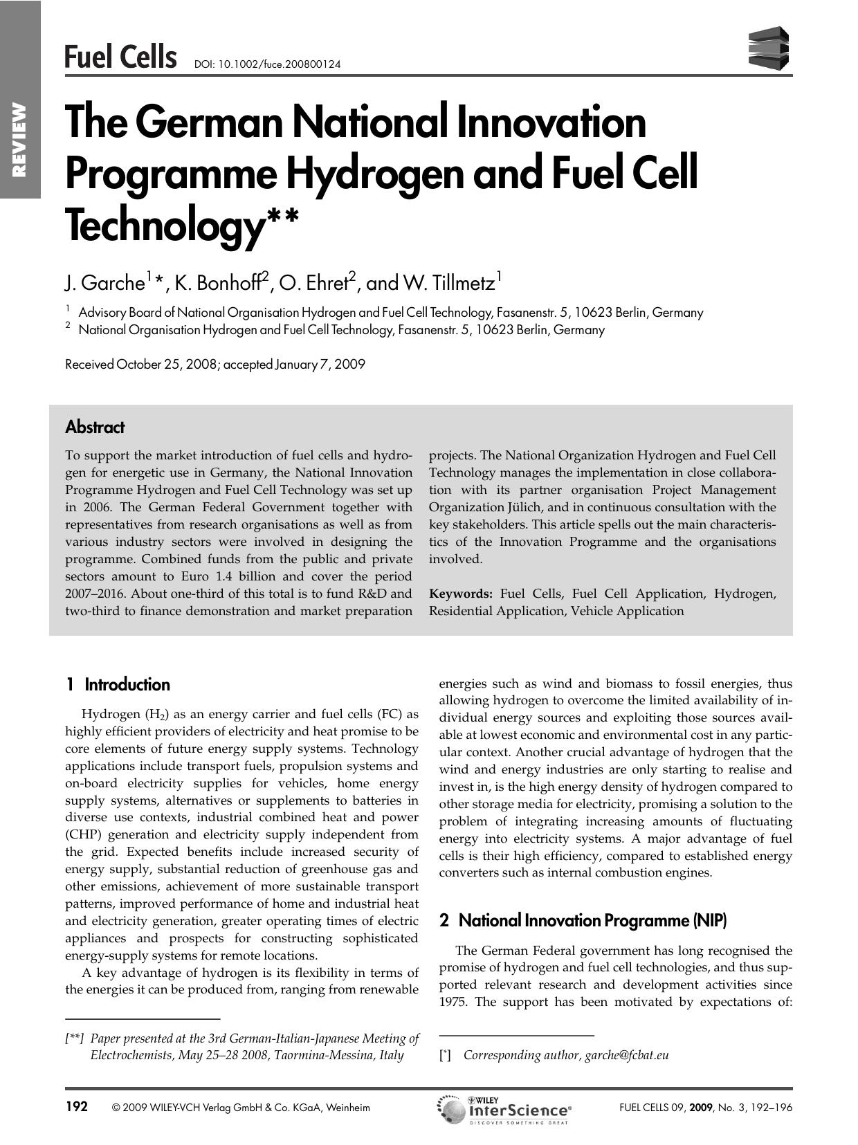 The German National Innovation Programme Hydrogen and Fuel Cell Technology by Unknown