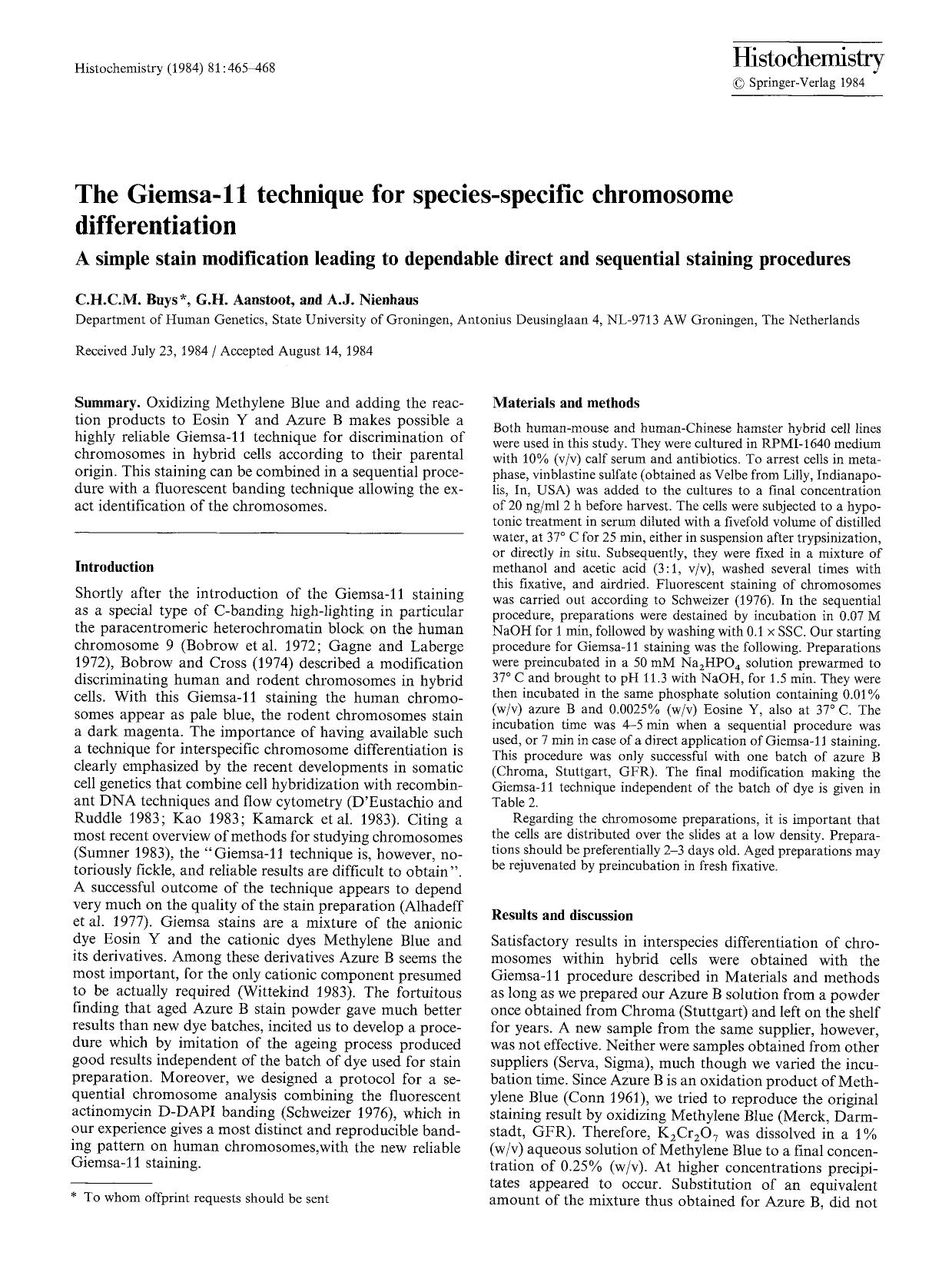 The Giemsa-11 technique for species-specific chromosome differentiation by Unknown