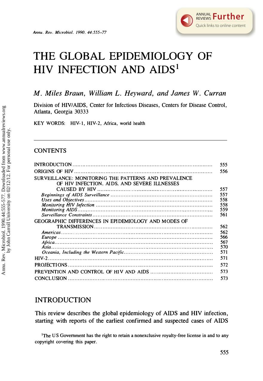 The Global Epidemiology of HIV Infection and Aids by M M Braun W L Heyward & J W Curran