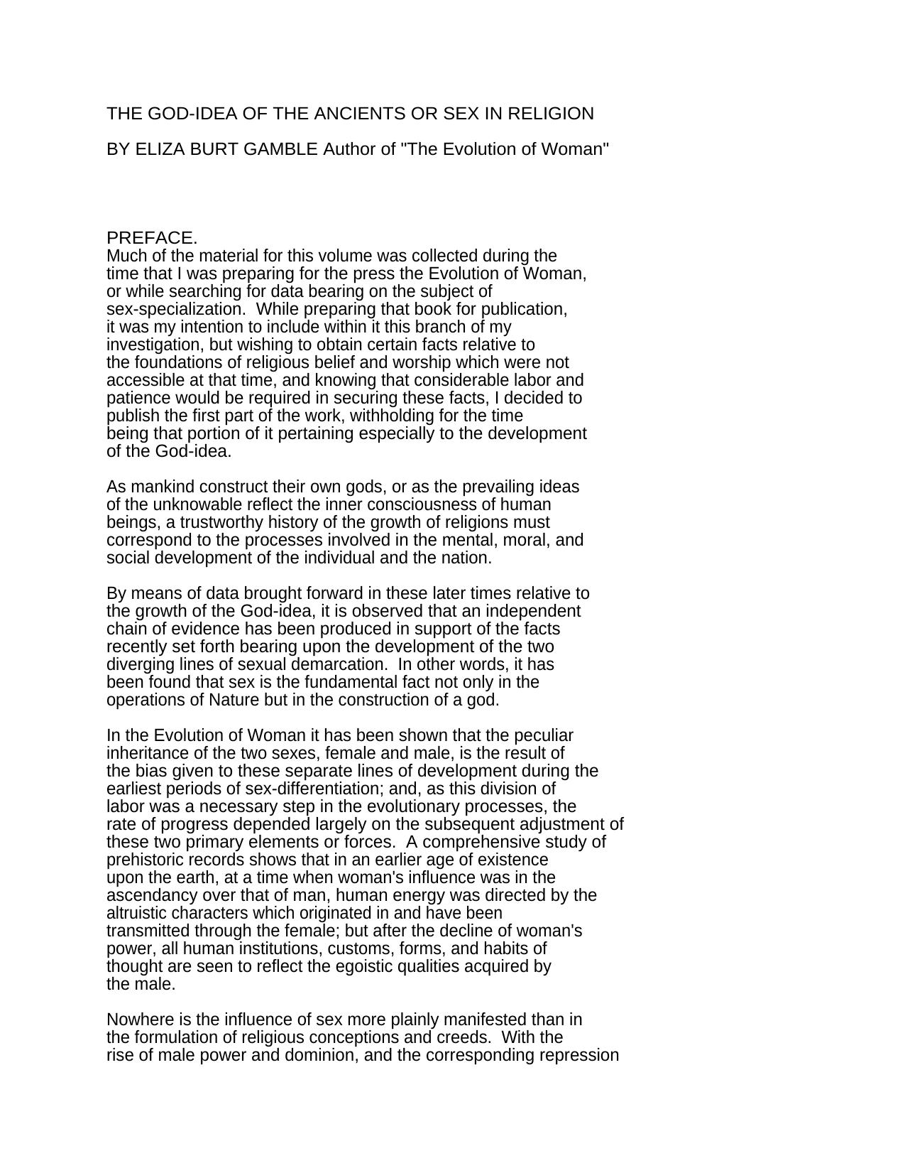 The God-Idea of the Ancients or Sex in Religion by Eliza Burt Gamble