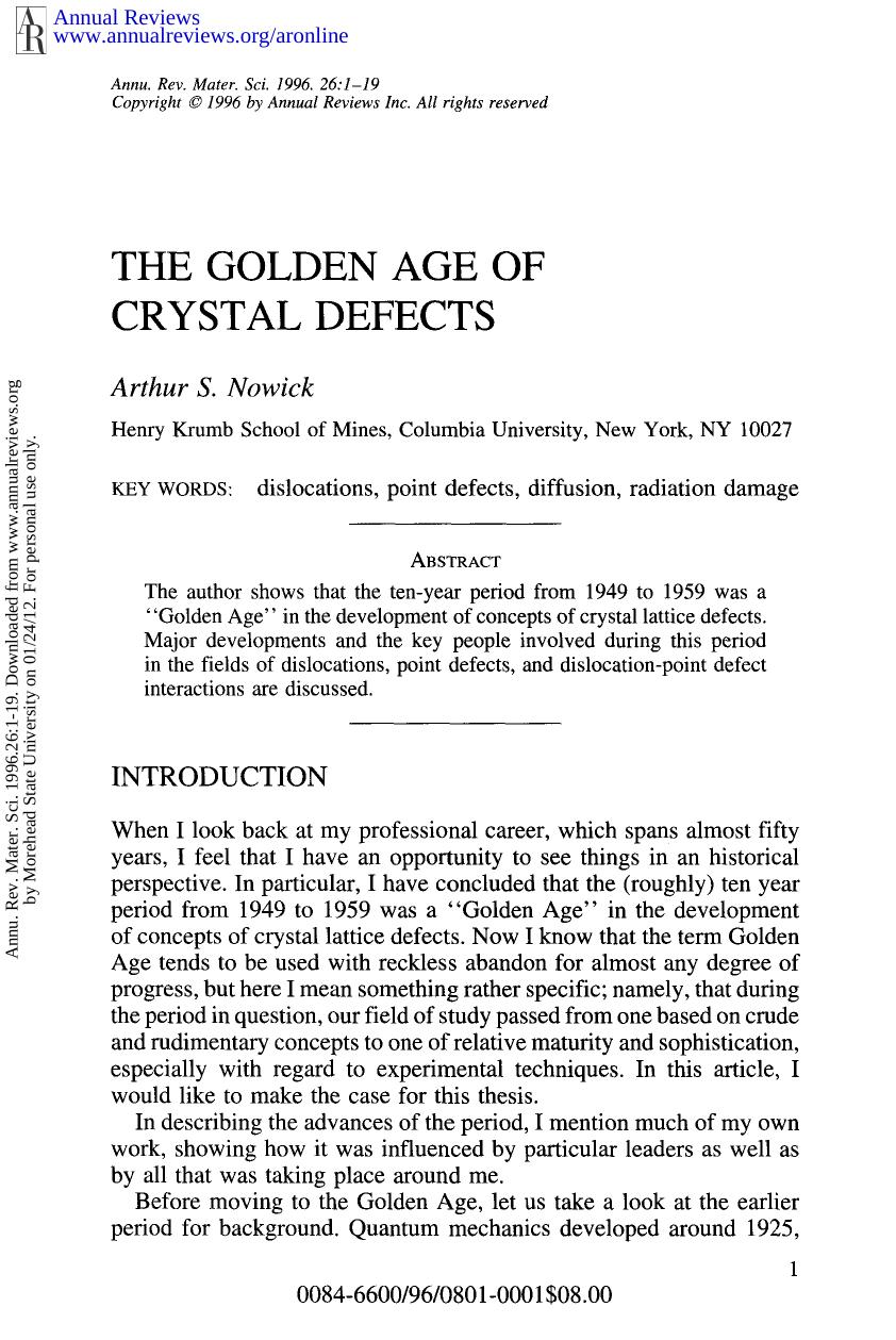 The Golden Age of Crystal Defects by A S Nowick