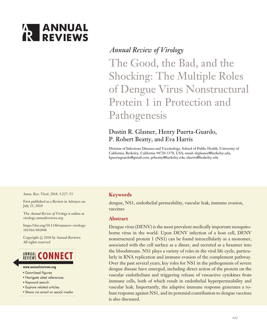 The Good, the Bad, and the Shocking: The Multiple Roles of Dengue Virus Nonstructural Protein 1 in Protection and Pathogenesis by Dustin R. Glasner Henry Puerta-Guardo P. Robert Beatty and Eva Harris