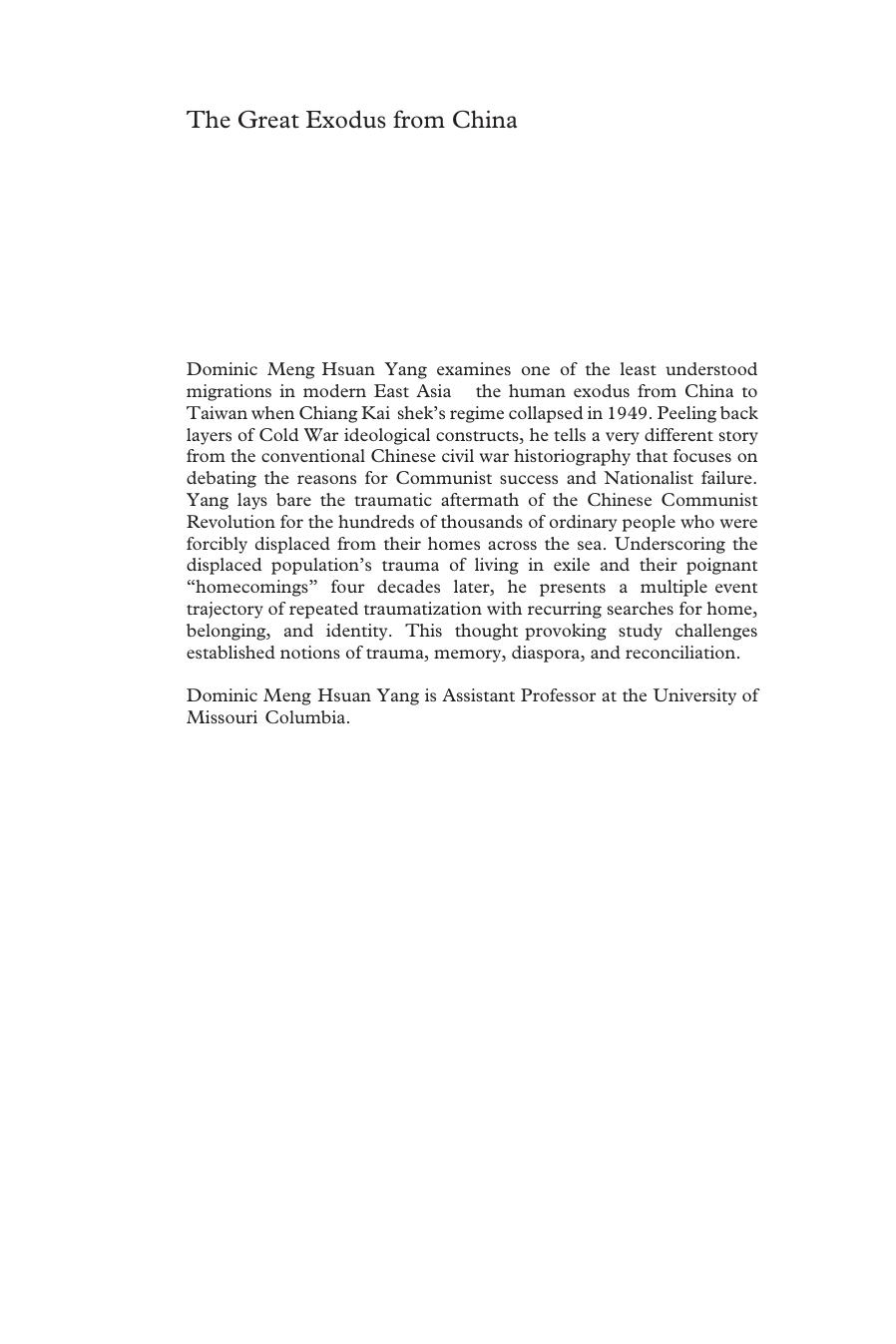 The Great Exodus from China: Trauma, Memory, and Identity in Modern Taiwan by Dominic Meng Yang