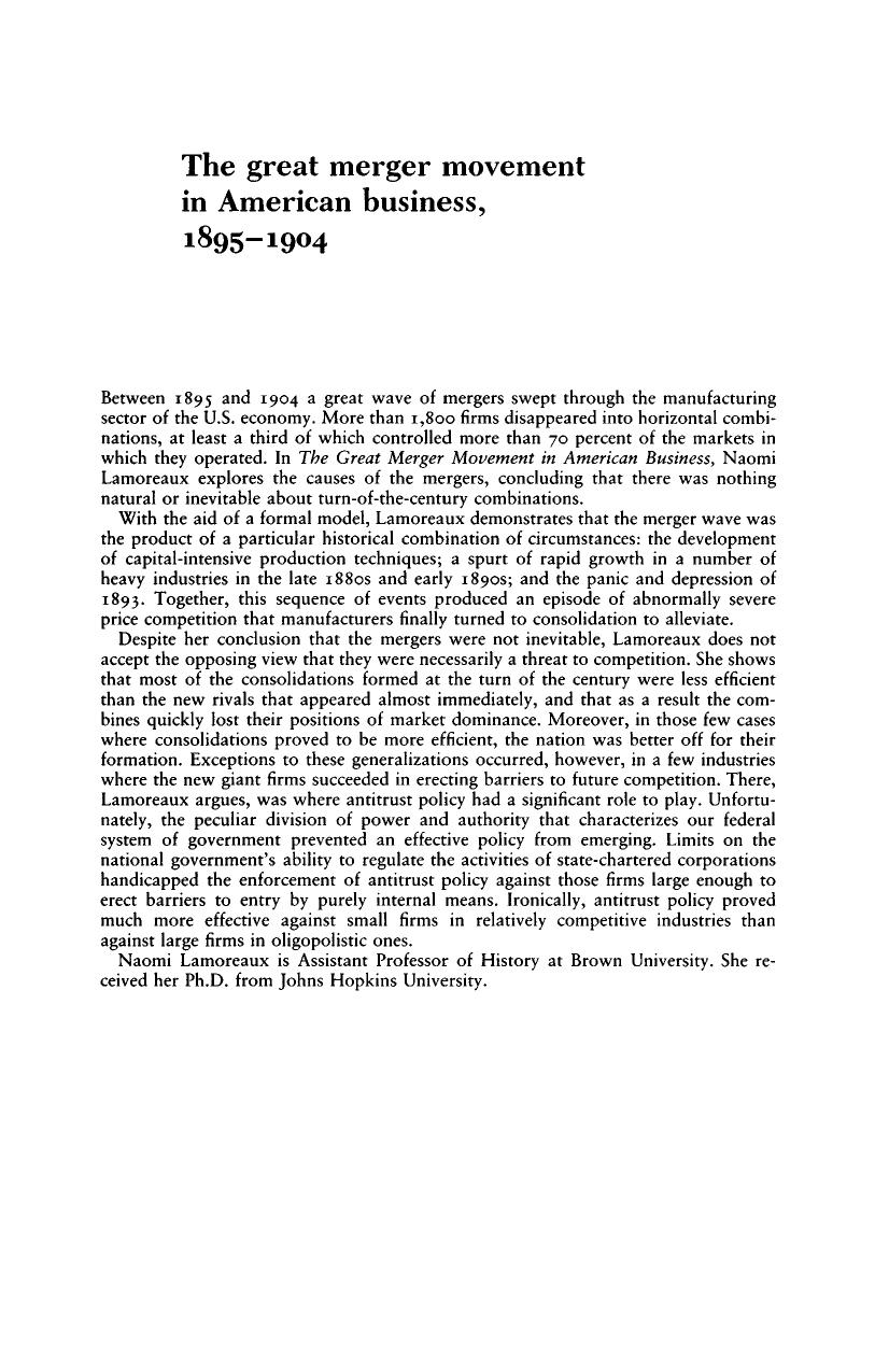 The Great Merger Movement in American Business, 1895-1904 by Naomi R. Lamoreaux