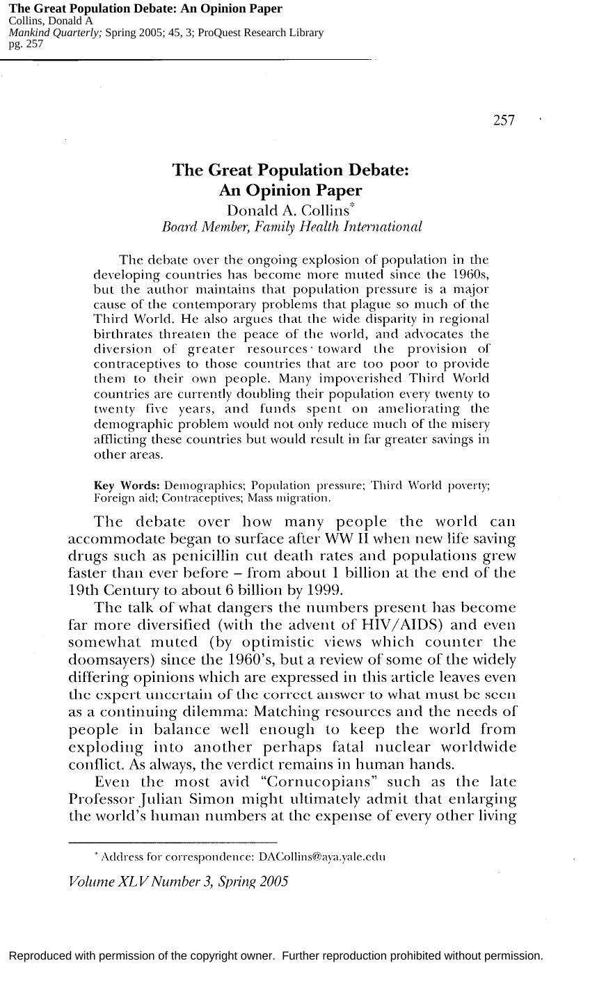 The Great Population Debate by An Opinion Paper (2005) by Donald A. Collins