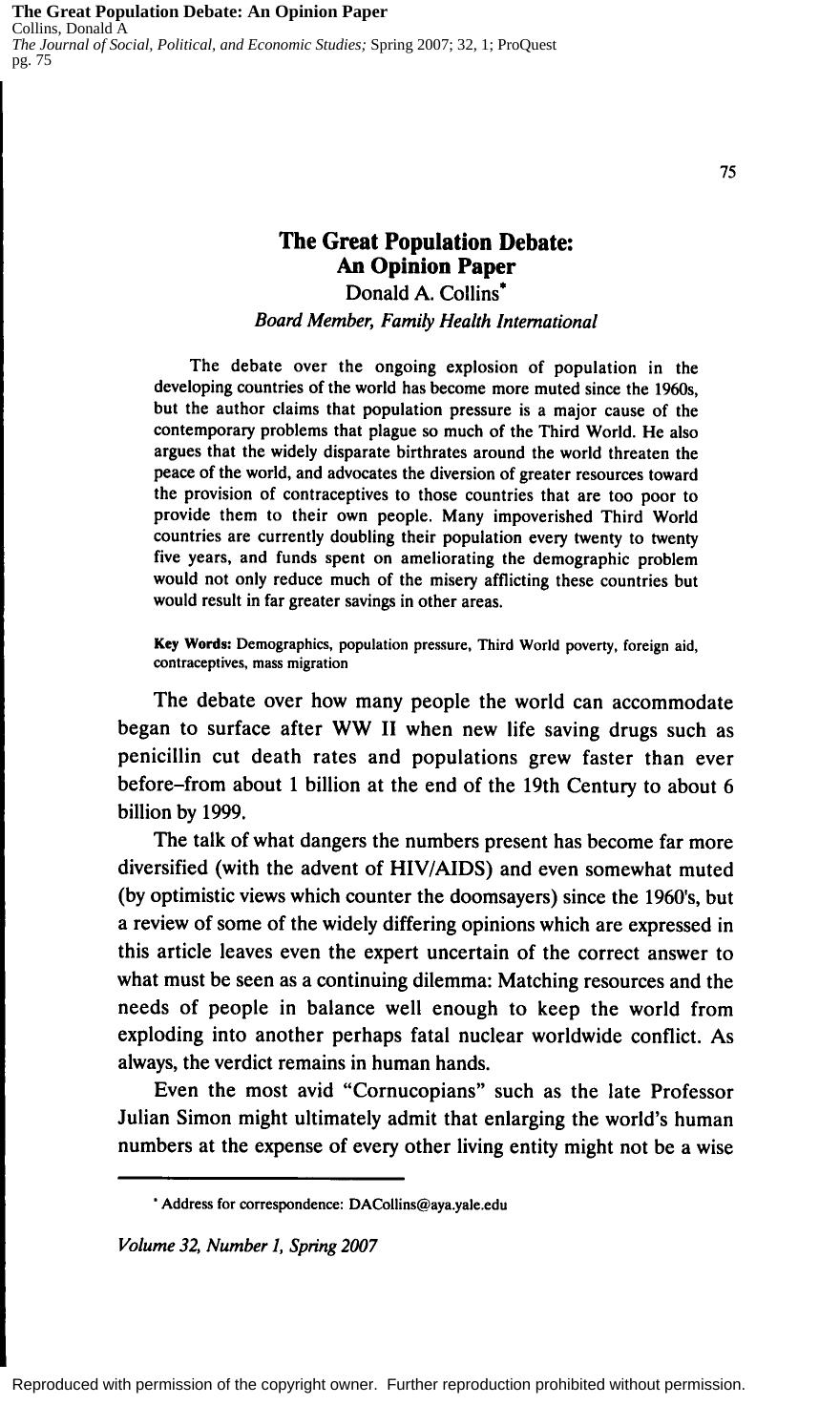 The Great Population Debate by An Opinion Paper (2007) by Donald A. Collins
