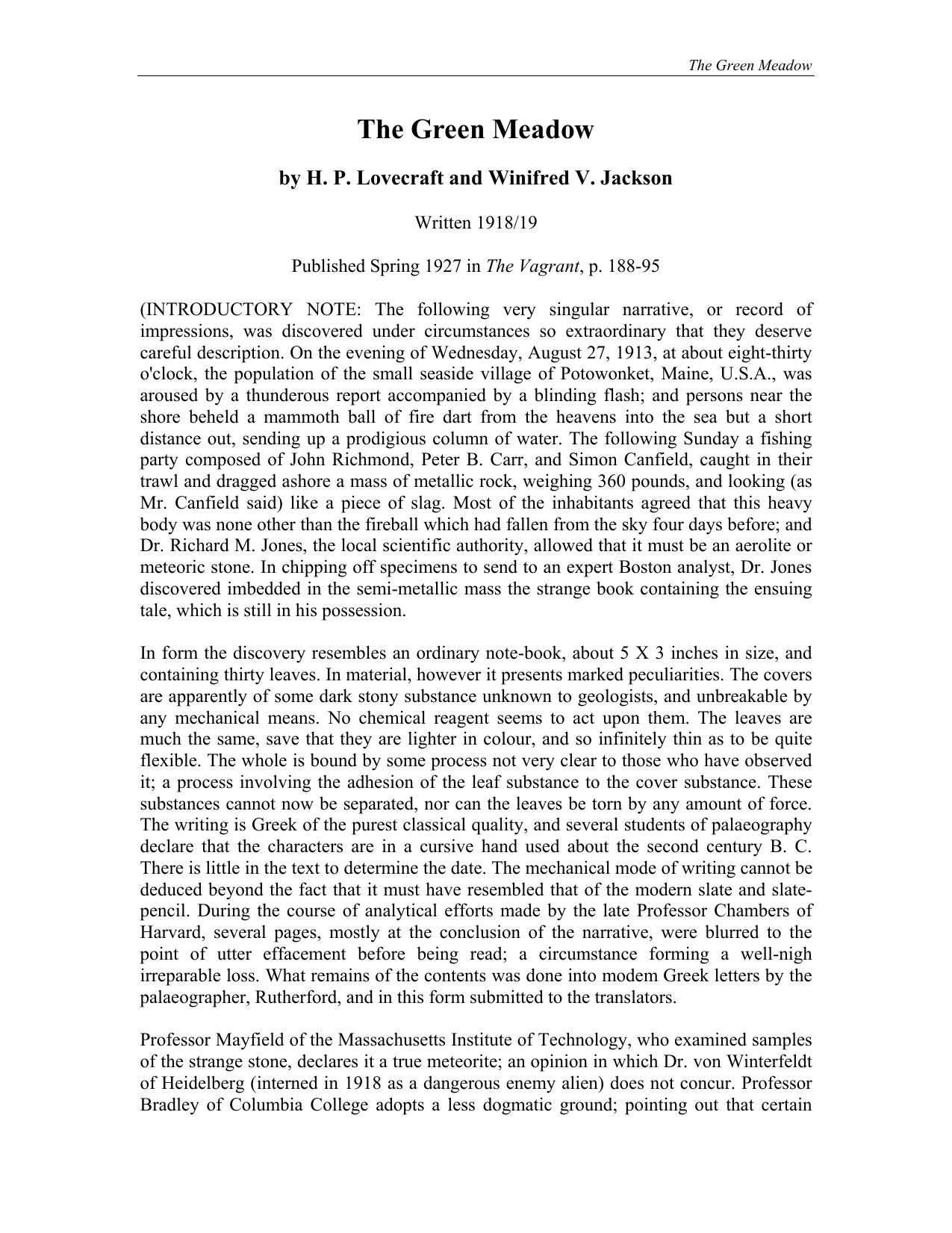 The Green Meadow by H. P. Lovecraft & Winifred V. Jackson