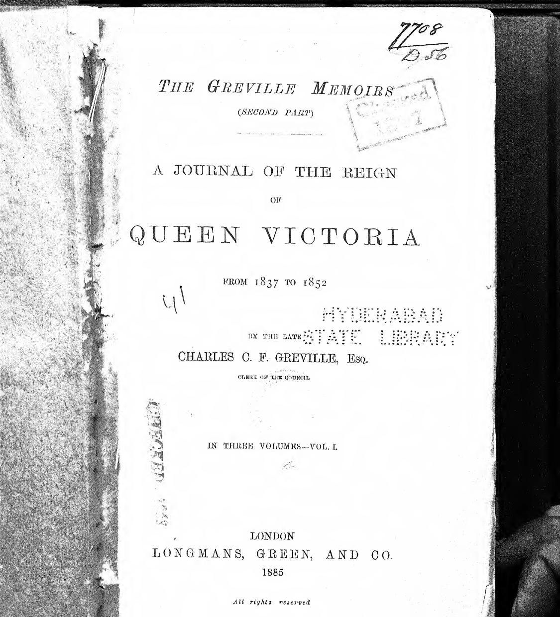 The Greville Memoirs/ A Journal of the Reign of Queen Victoria 1837-1852 by Charles Greville Philip Whitwell Wilson (ed.)