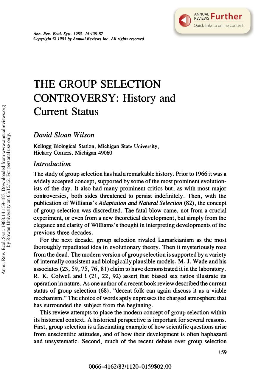 The Group Selection Controversy: History and Current Status by D S Wilson