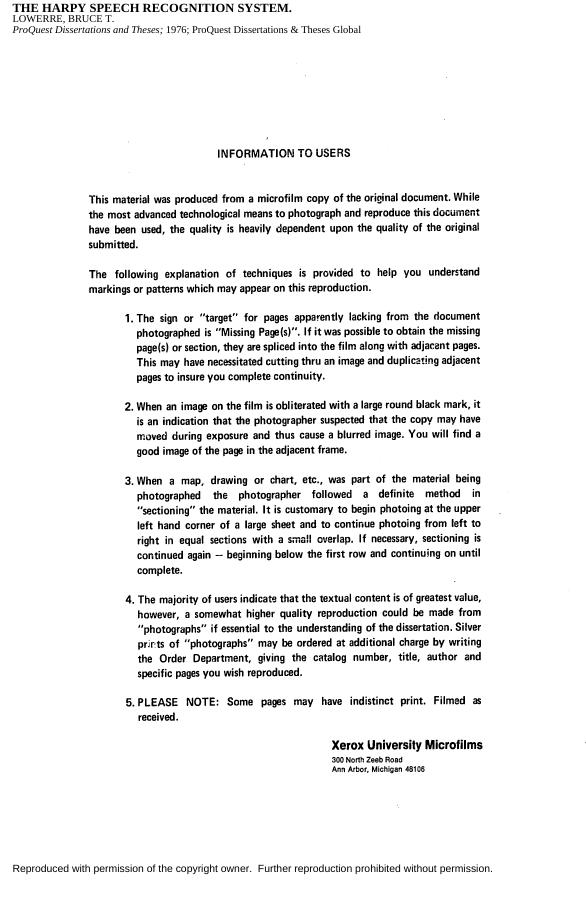 The HARPY Speech Recognition System [Ph.D. Thesis] by Lowerre Bruce T
