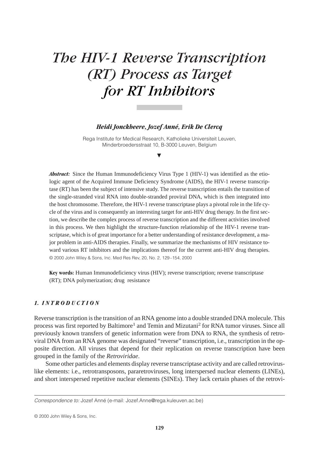 The HIV-1 Reverse Transcription (RT) Process as Target for RT Inhibitors by KK