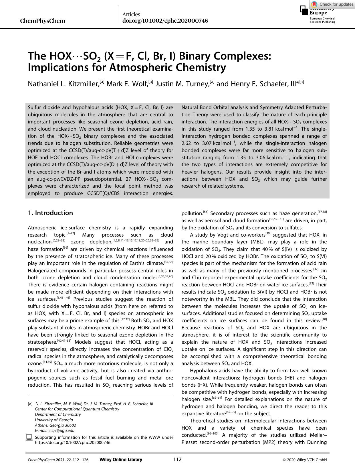 The HOXâ¯SO2 (X=F, Cl, Br, I) Binary Complexes: Implications for Atmospheric Chemistry by Unknown