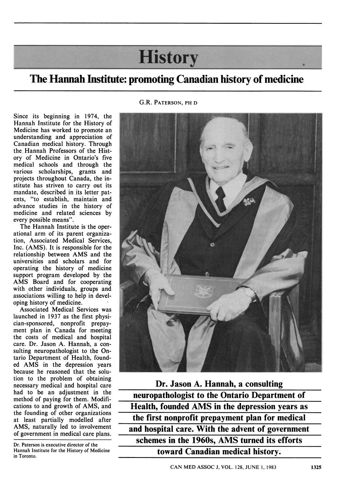 The Hannah Institute: promoting Canadian history of medicine by Paterson G.R