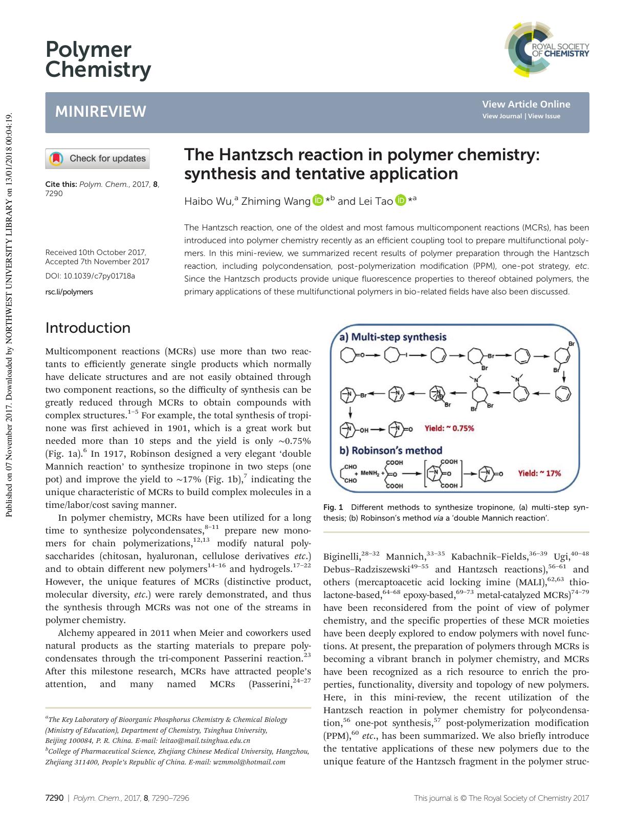 The Hantzsch reaction in polymer chemistry: synthesis and tentative application by Haibo Wu Zhiming Wang Lei Tao