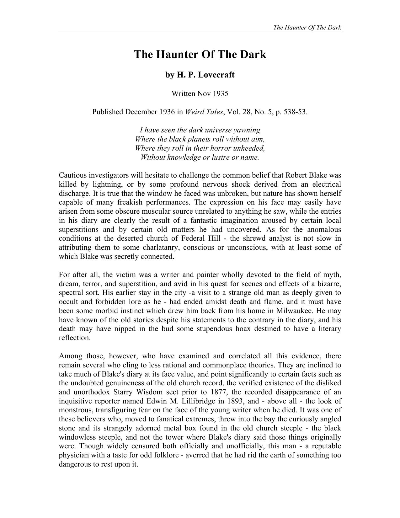 The Haunter Of The Dark by H. P. Lovecraft