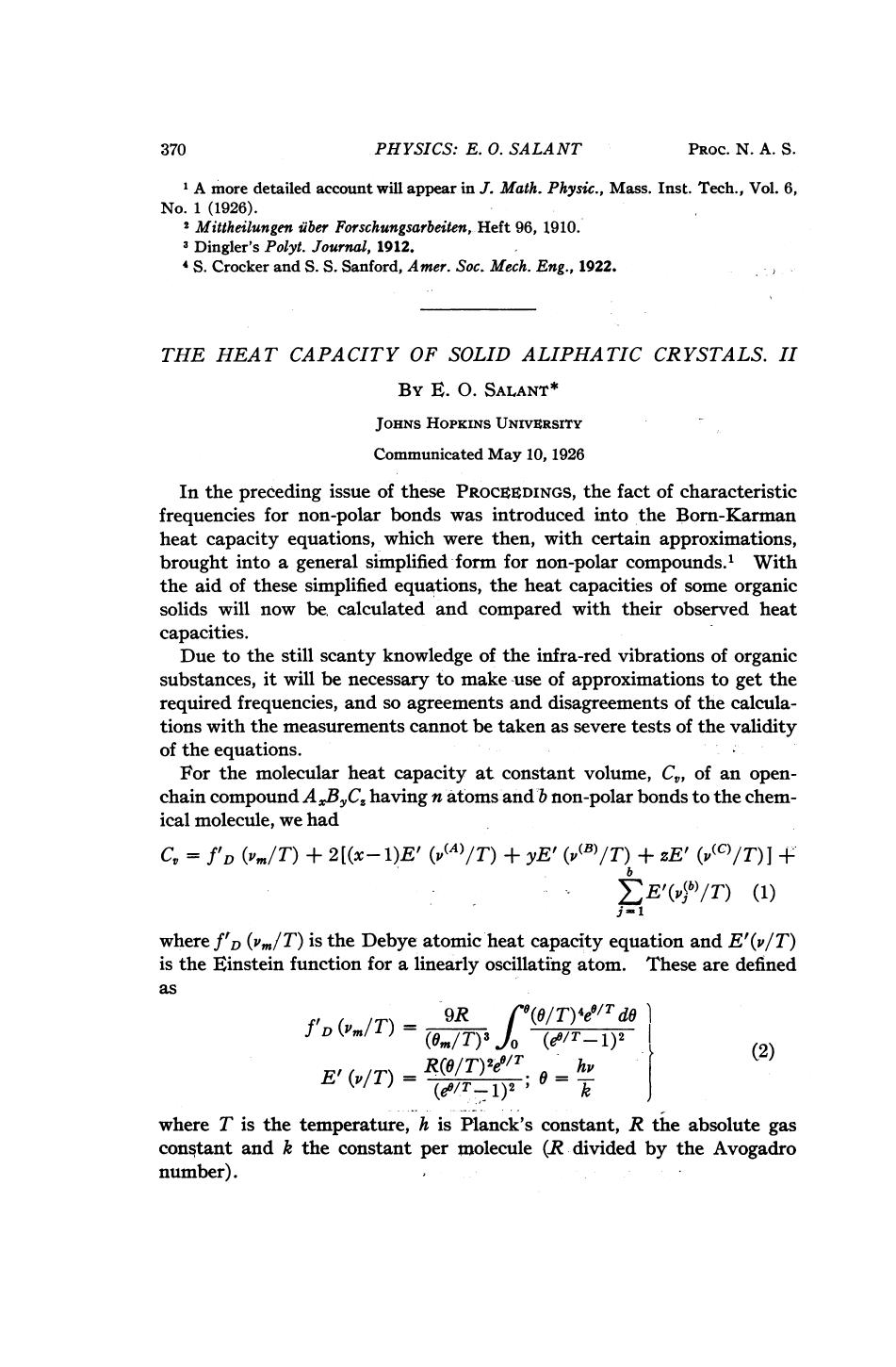 The Heat Capacity of Solid Aliphatic Crystals II by Salant E. O
