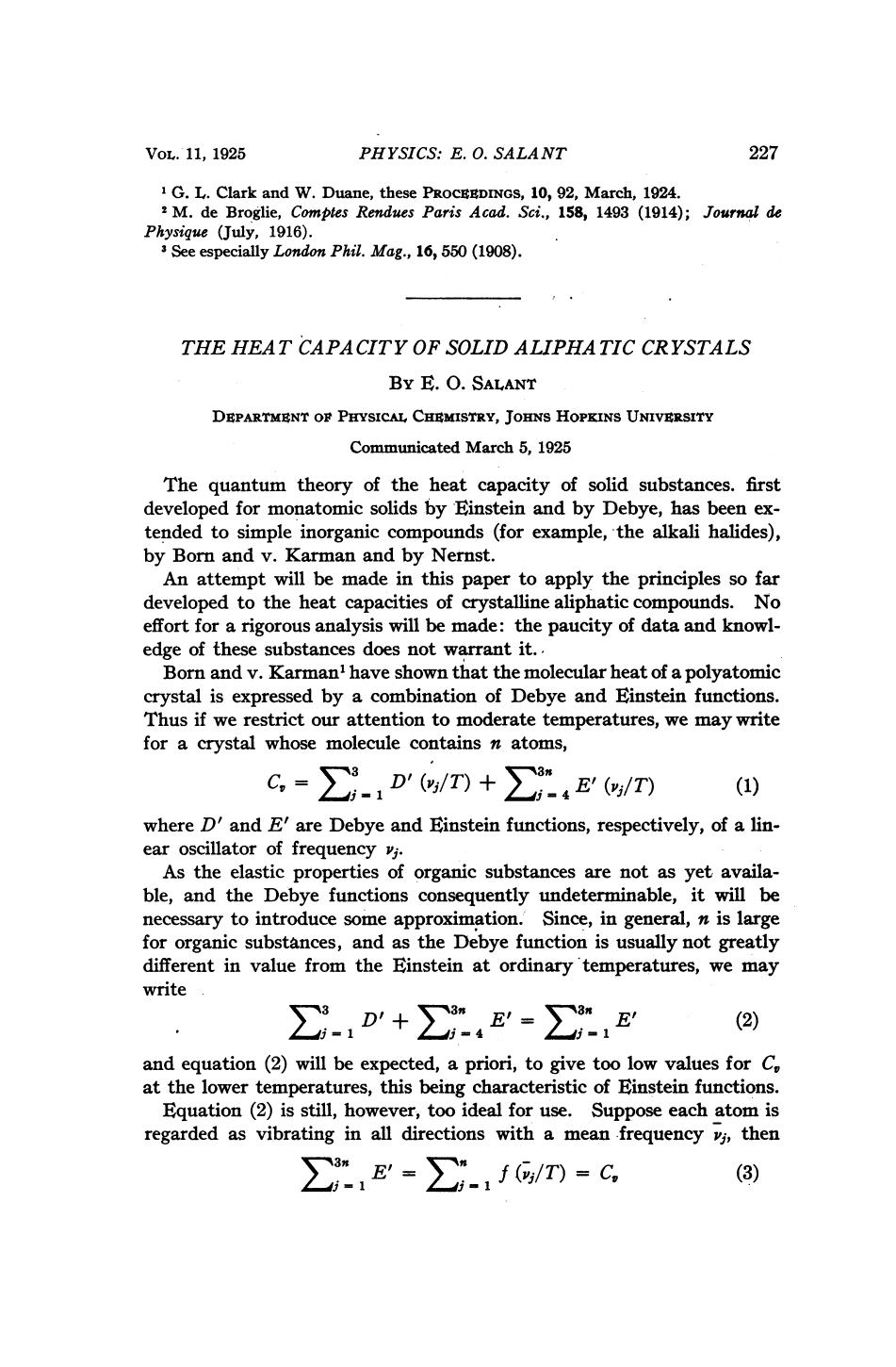 The Heat Capacity of Solid Aliphatic Crystals by Salant E.O