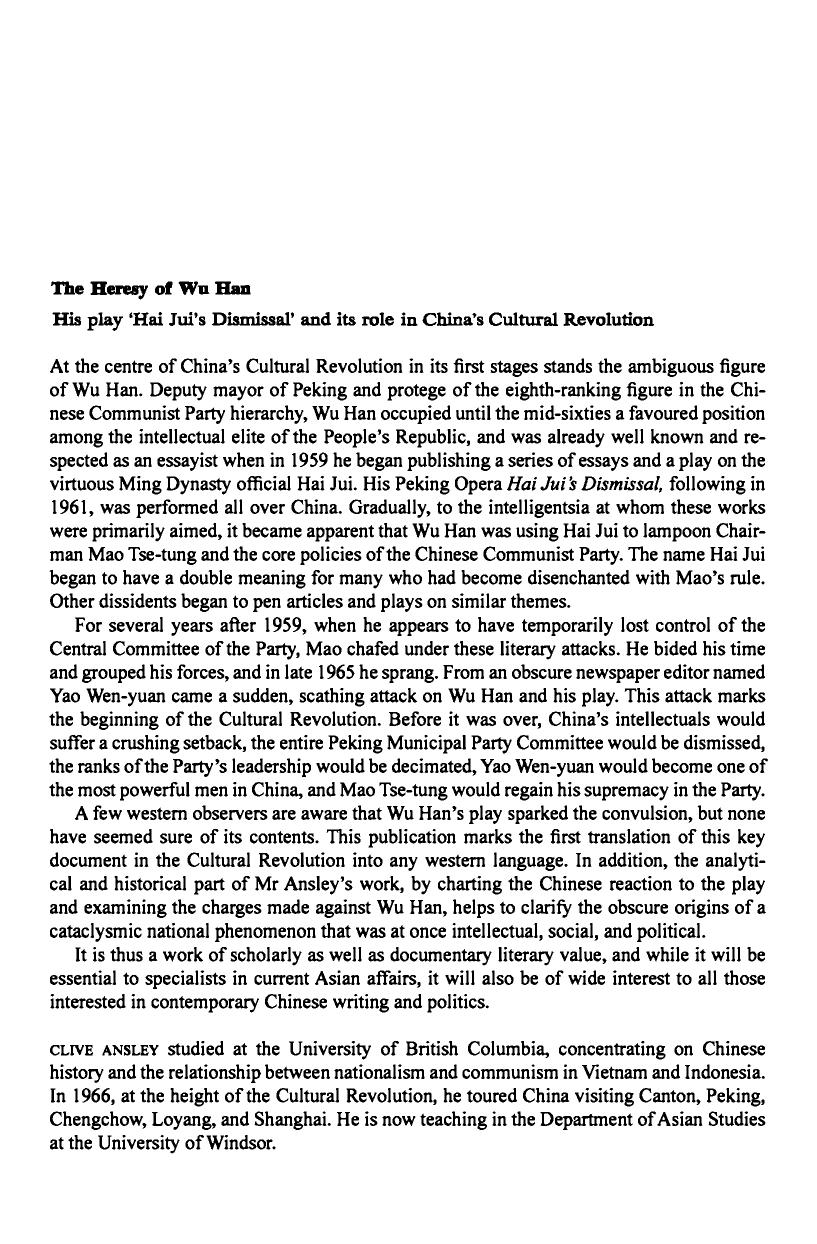 The Heresy of Wu Han: His Play 'Hai Rui's Dismissal' and Its Role in China's Cultural Revolution by Clive Ansley